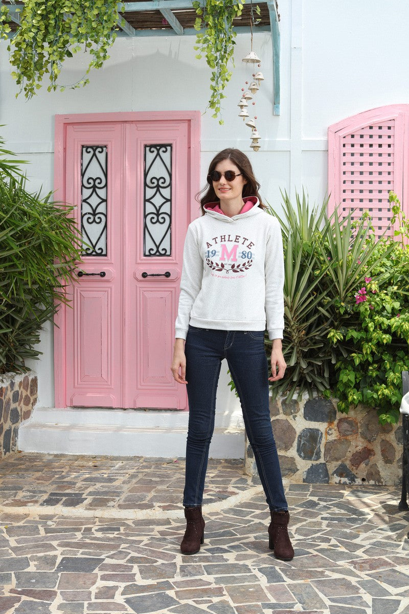 Grey Melange Front Print Hoodie Sweat Shirt