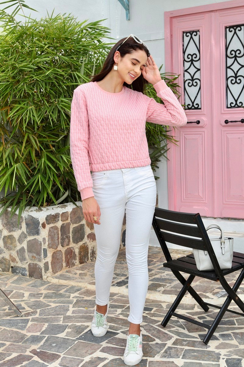 Pink Round Neck Quilted Anti Fit Crop Sweat Shirt