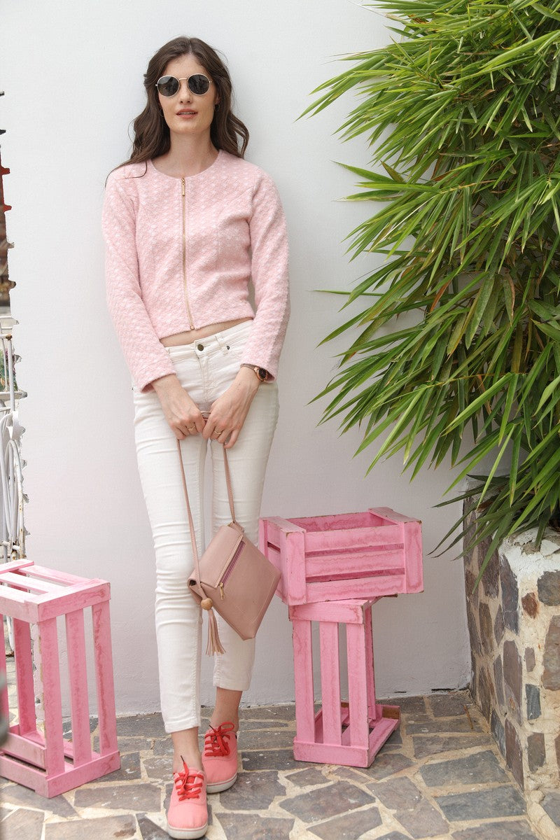 31782 - Pink Full Zipper Crop Sweat Shirt
