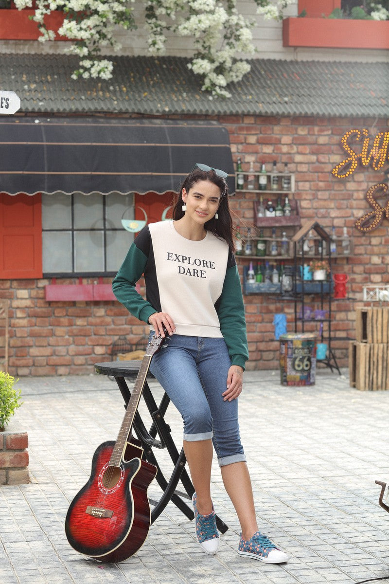 31648 - Beige Colour Blocked Round Neck Anti Fit Crop Sweat Shirt