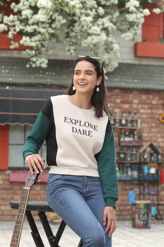 Beige Colour Blocked Round Neck Anti Fit Crop Sweat Shirt