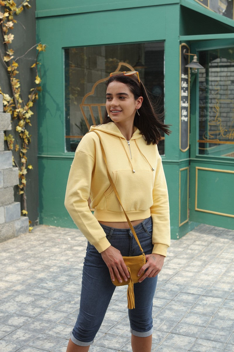 Yellow Basic Round Neck Anti Fi Hoodie Crop Sweat Shirt With Front Pockets