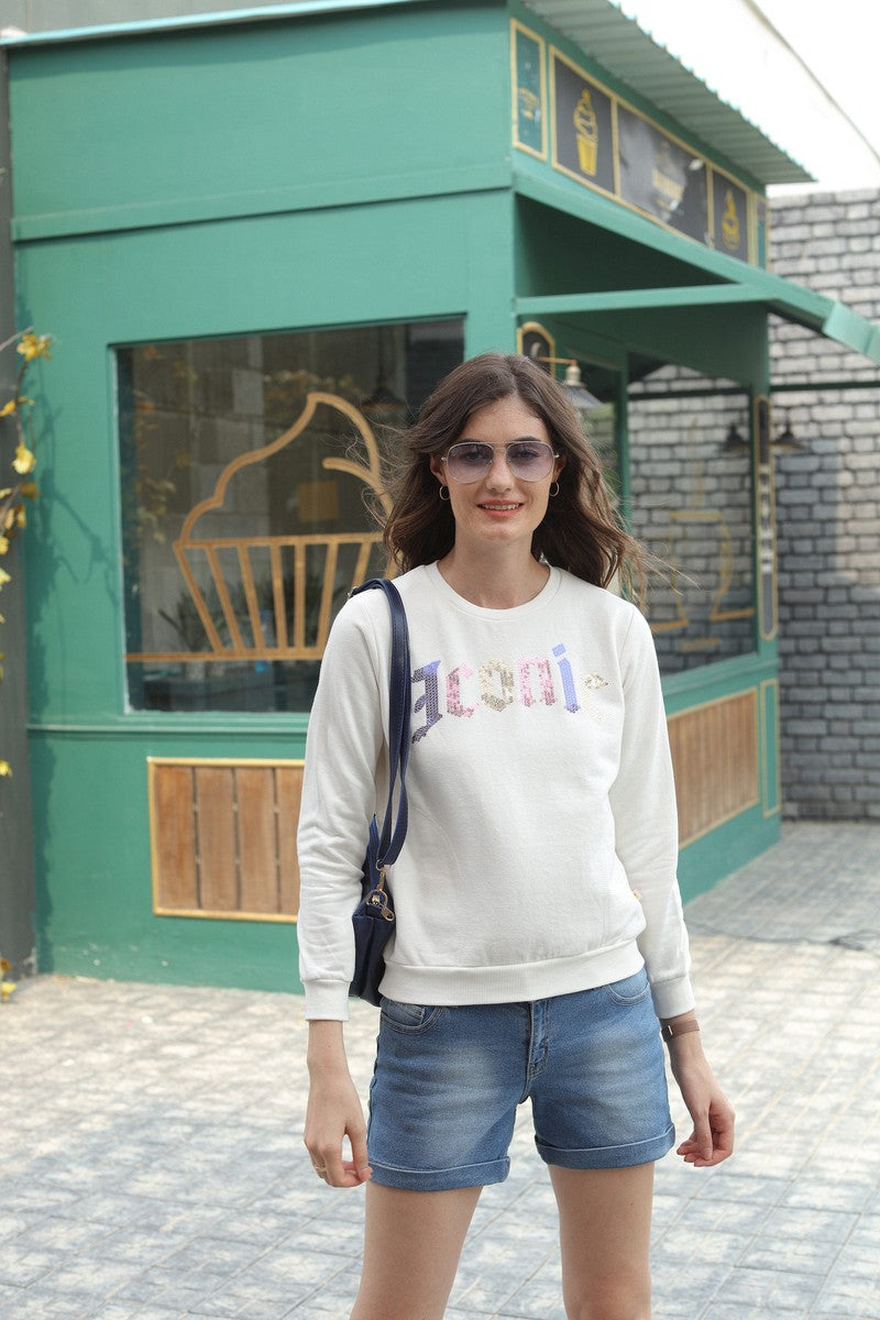 Off White Embellished Round Neck Sweat Shirt
