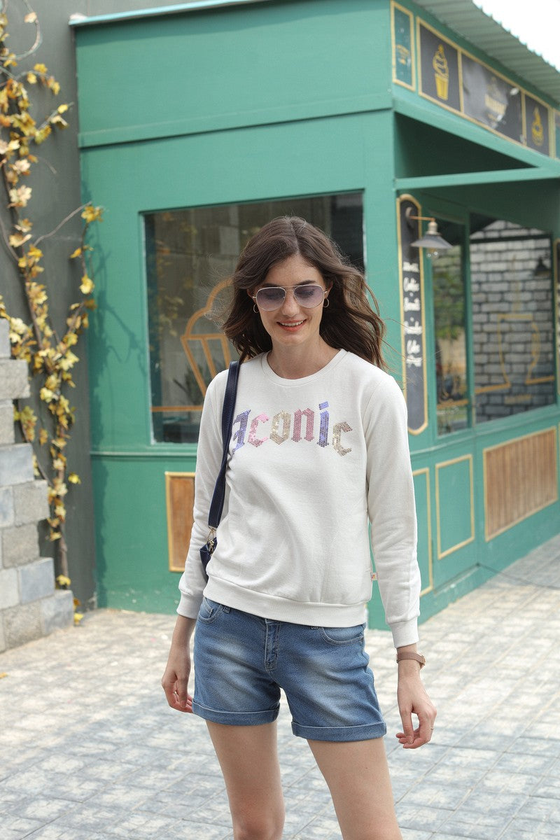 Off White Embellished Round Neck Sweat Shirt