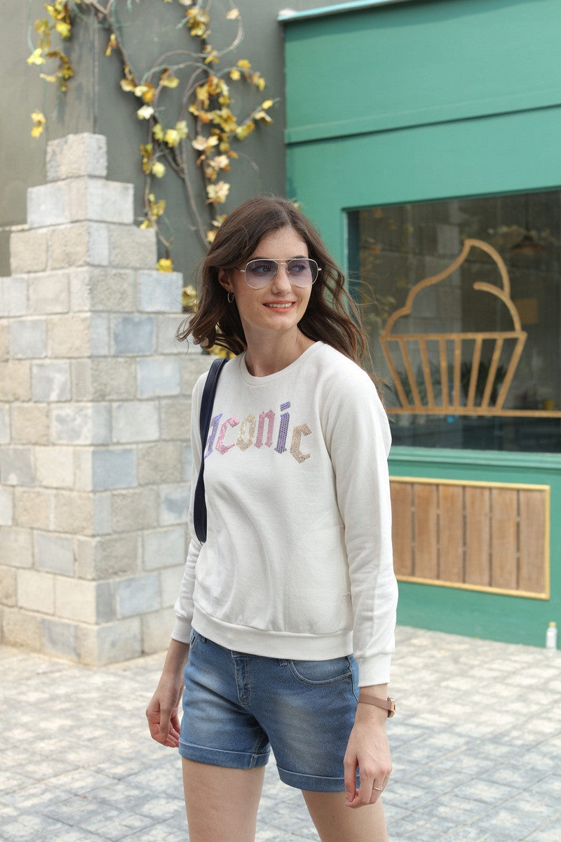 Off White Embellished Round Neck Sweat Shirt