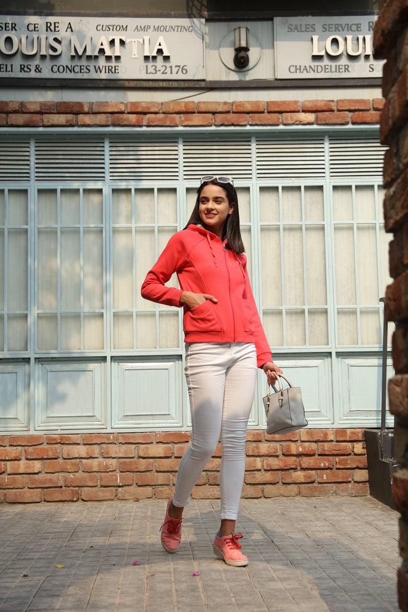 Carrot Pink Zipper Hoodie Sweat Shirt