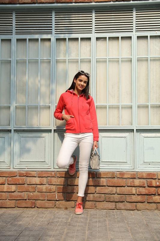 Carrot Pink Zipper Hoodie Sweat Shirt