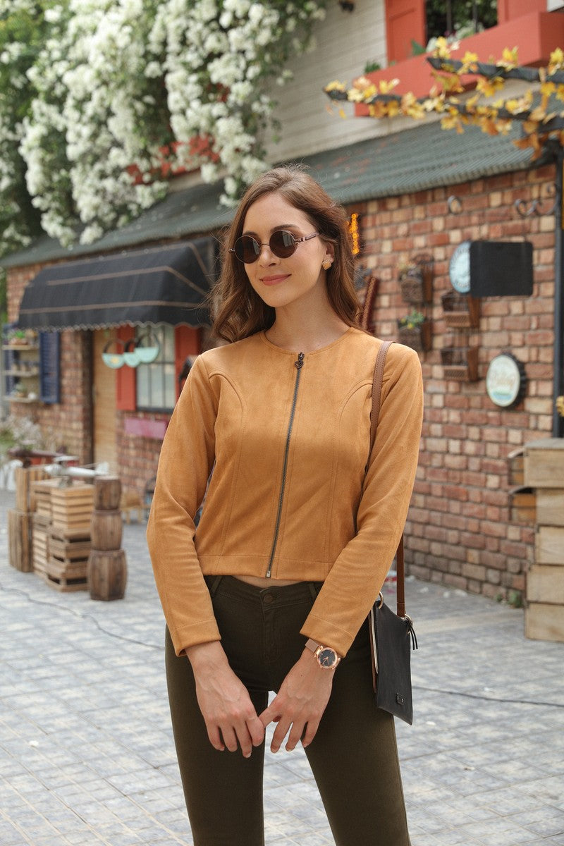 31764 - Full Zipper Suede Crop Jacket