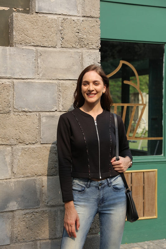 Black Full Zipper Crop Sweat Shirt