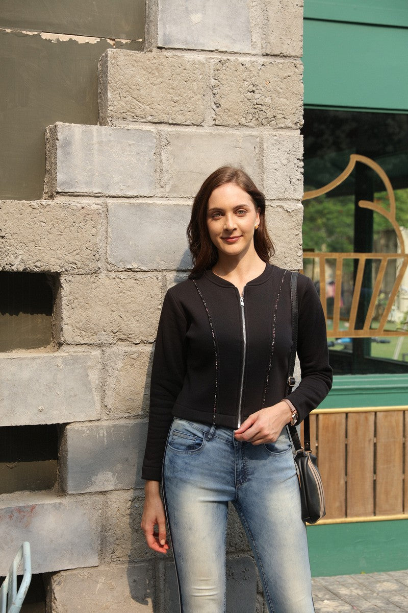 Black Full Zipper Crop Sweat Shirt