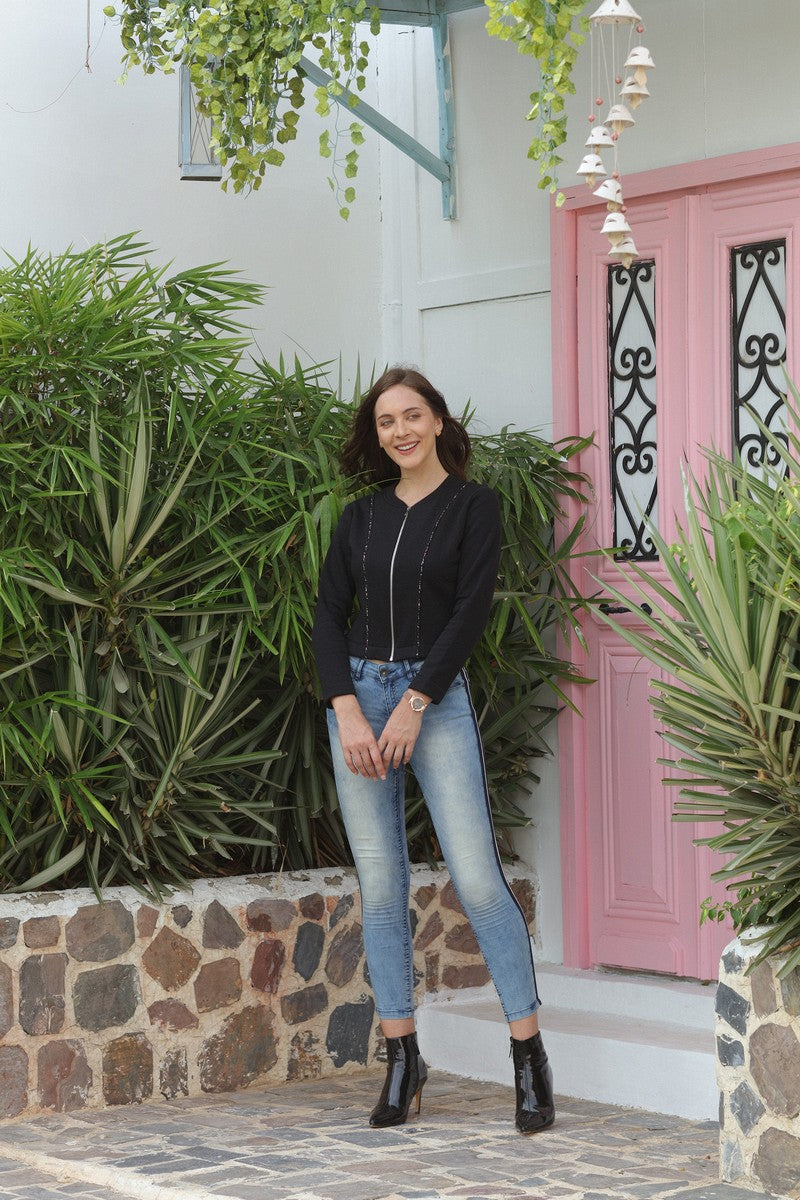 Black Full Zipper Crop Sweat Shirt