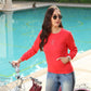 Red Basic Round Neck Sweat Shirt With Pockets