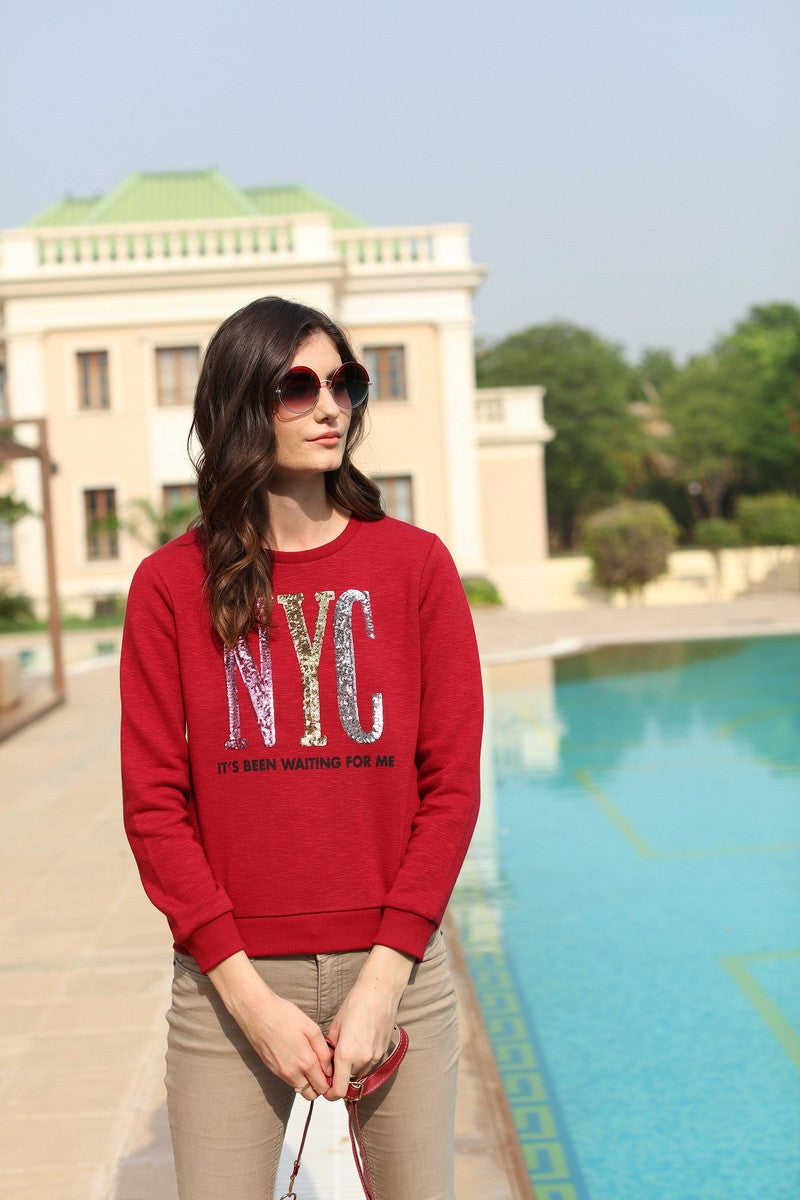 31684 - Maroon Sequin Embroidered Round Neck Sweat Shirt
