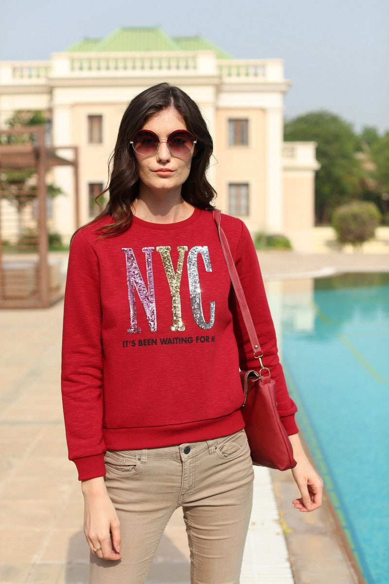 31684 - Maroon Sequin Embroidered Round Neck Sweat Shirt