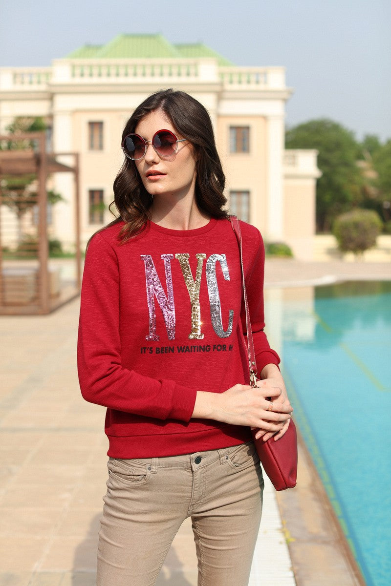 31684 - Maroon Sequin Embroidered Round Neck Sweat Shirt
