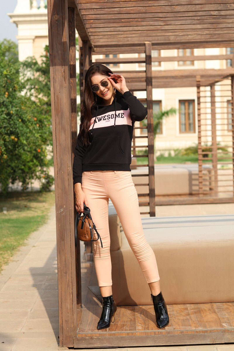 Black Round Neck Chest Print Hoodie Sweat Shirt