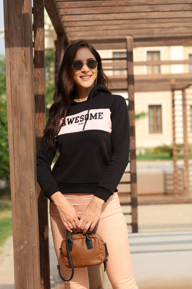 Black Round Neck Chest Print Hoodie Sweat Shirt