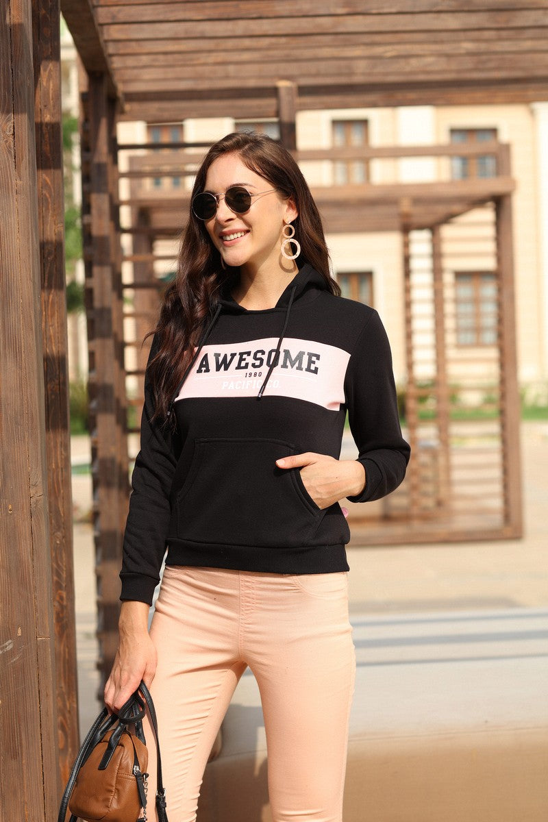 Black Round Neck Chest Print Hoodie Sweat Shirt