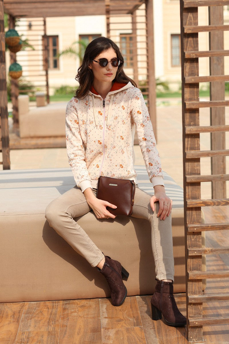 31737 - Beige Full Zipper Printed Hoodie Sweat Shirt