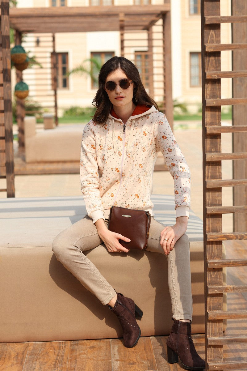 31737 - Beige Full Zipper Printed Hoodie Sweat Shirt