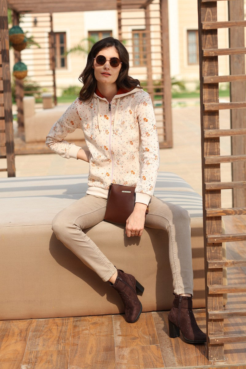 31737 - Beige Full Zipper Printed Hoodie Sweat Shirt