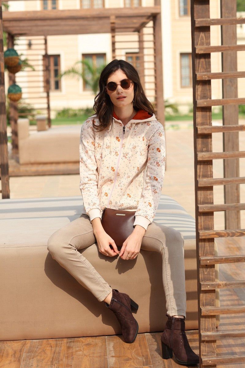 31737 - Beige Full Zipper Printed Hoodie Sweat Shirt