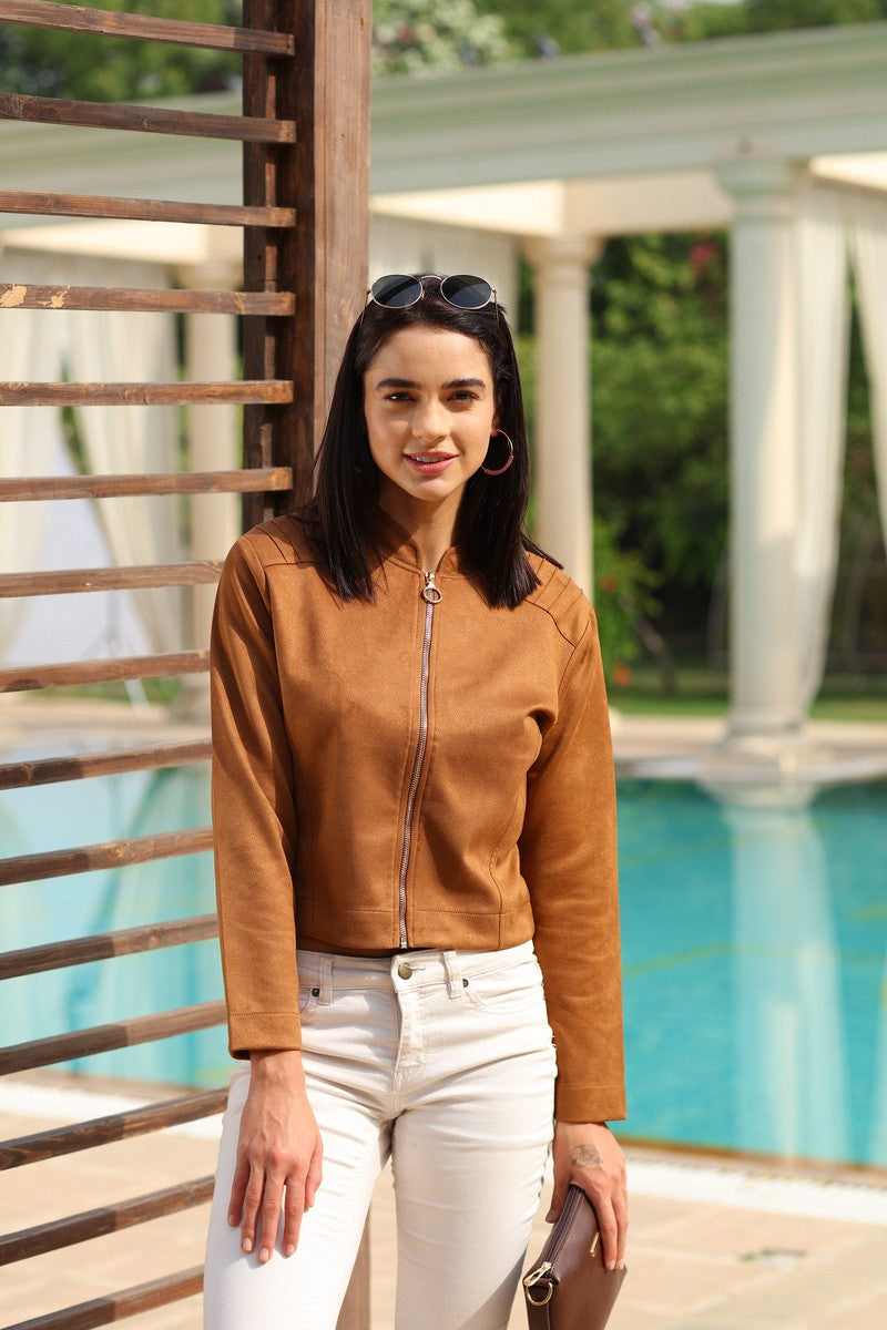 31761 - Khakhi Full Zipper Suede Crop Jacket