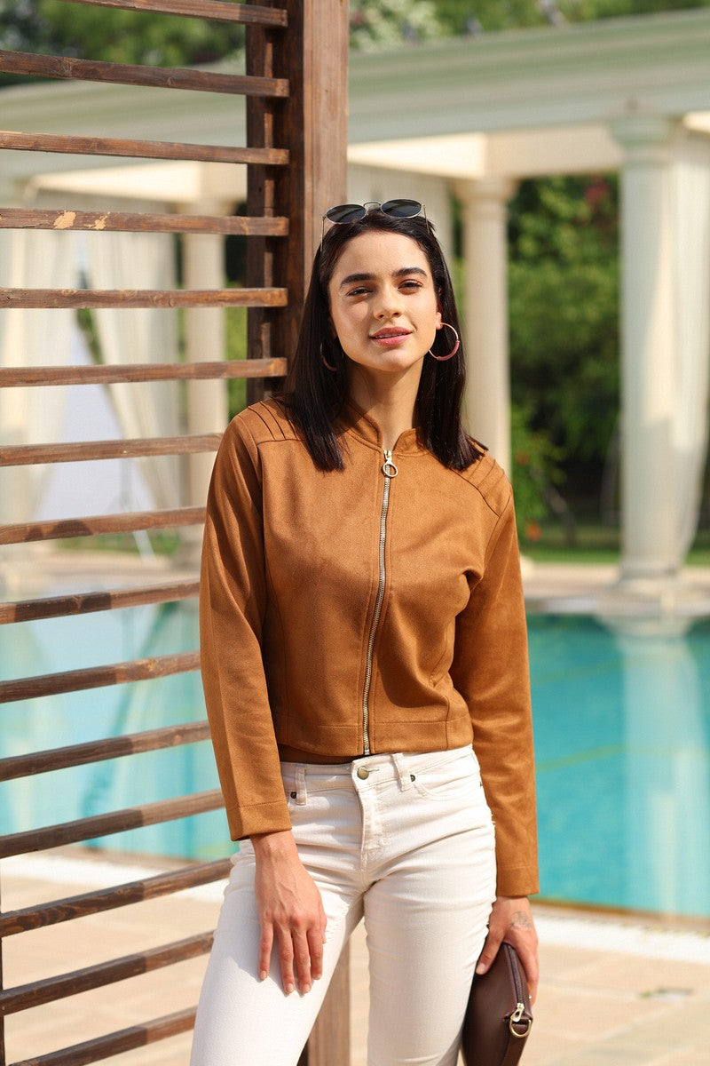 31761 - Khakhi Full Zipper Suede Crop Jacket