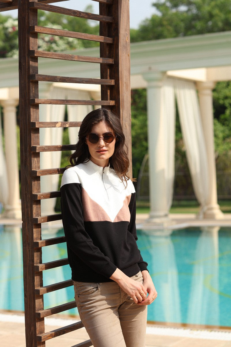 Black Half Zipper Colour Blocked Sweat Shirt