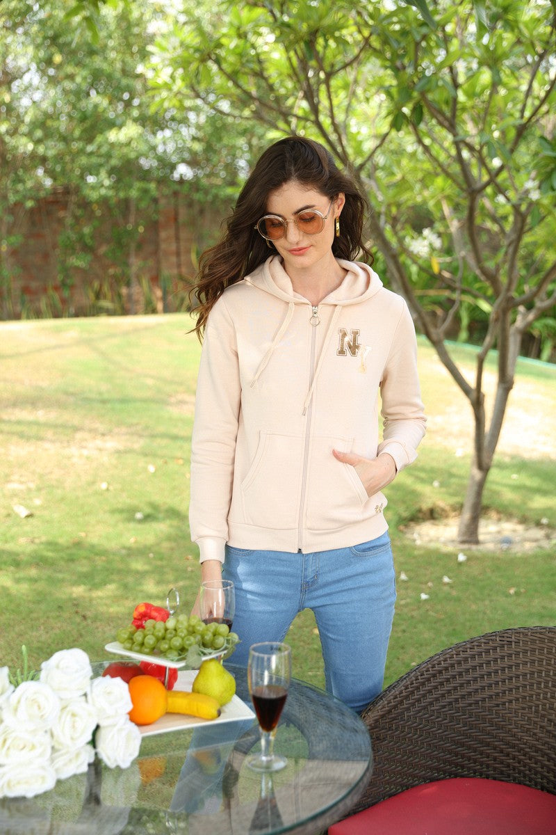 Beige NY Logo Zipper Hoodie Sweat Shirt