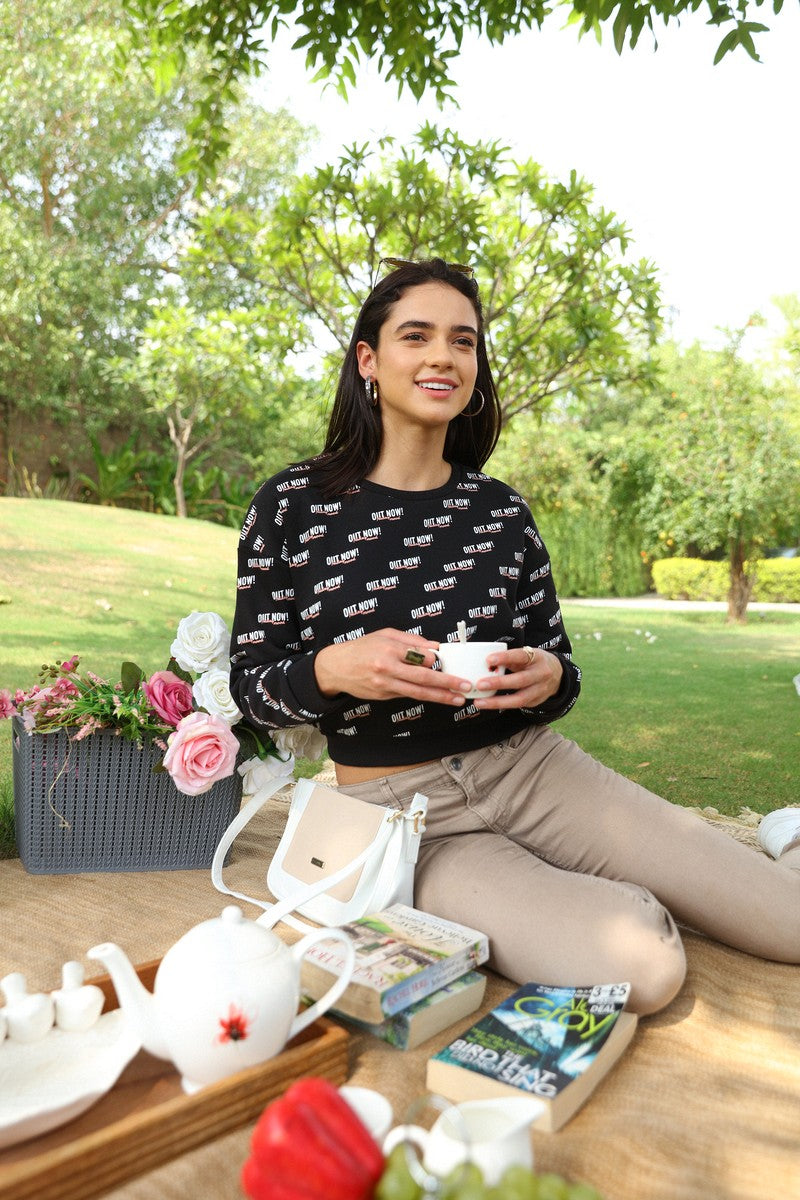 Black Printed Round Neck Anti Fit Crop Sweat Shirt