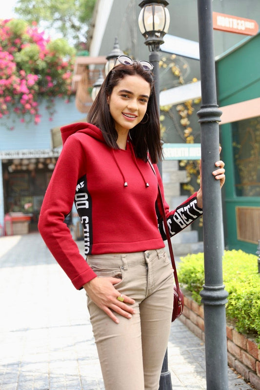 Maroon Hooded Crop Sweat Shirt
