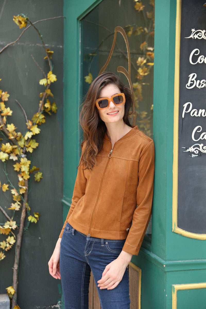 31784 - Olive Full Zipper Suede Crop Jacket