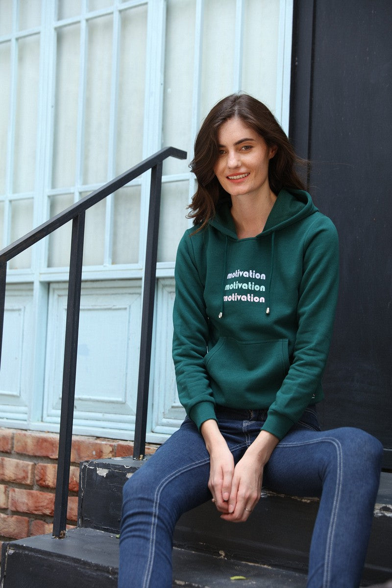 Green Chest Print Round Neck Hoodie Sweat Shirt