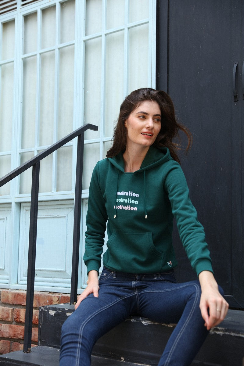 Green Chest Print Round Neck Hoodie Sweat Shirt