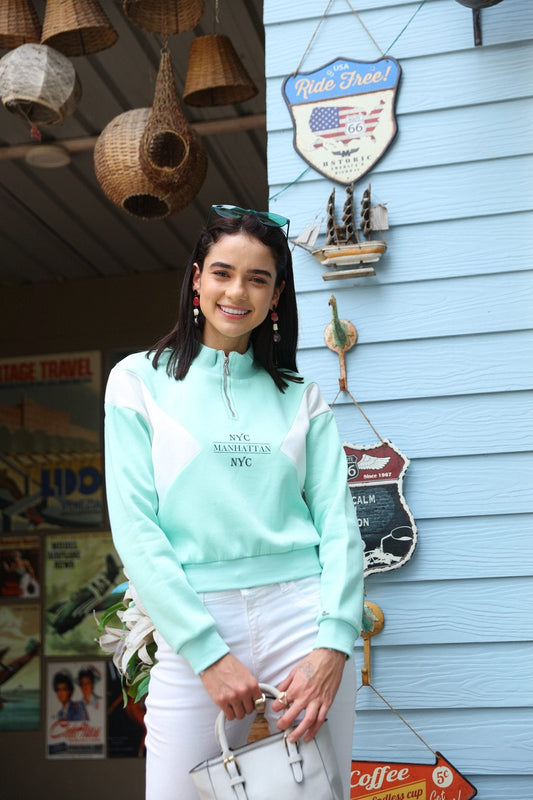 Sea Green Chest Print T Neck Half Zipper Anti Fit Crop Sweat Shirt