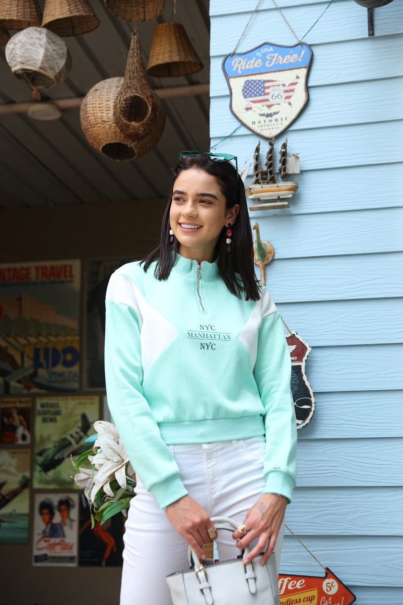 Sea Green Chest Print T Neck Half Zipper Anti Fit Crop Sweat Shirt