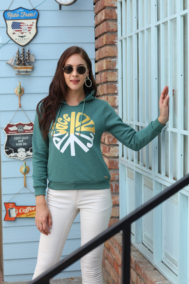 Green Front Print Hoodie Sweat Shirt