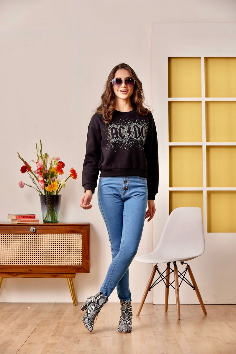 Black Studs Embellished Anti Fit Crop Sweat Shirt