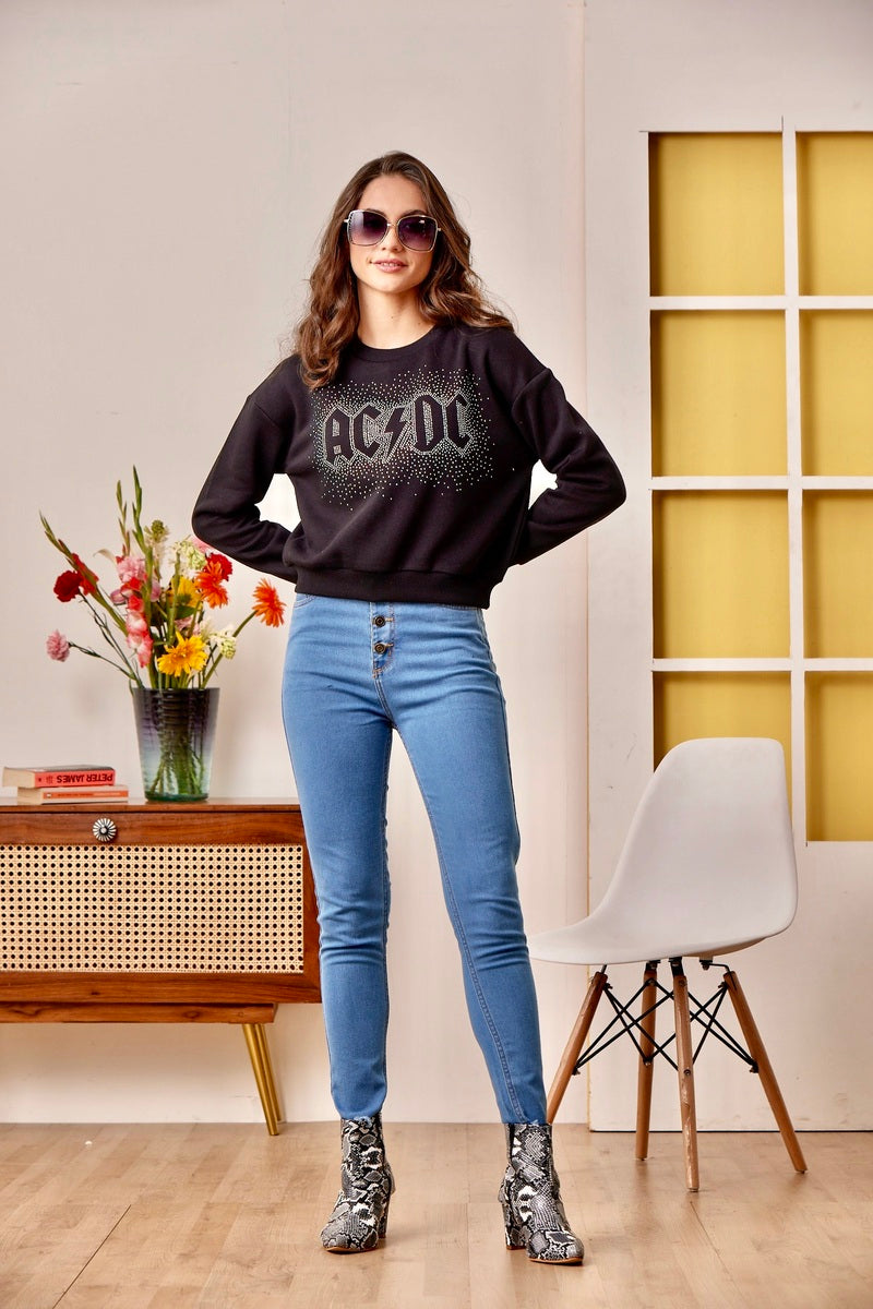 Black Studs Embellished Anti Fit Crop Sweat Shirt
