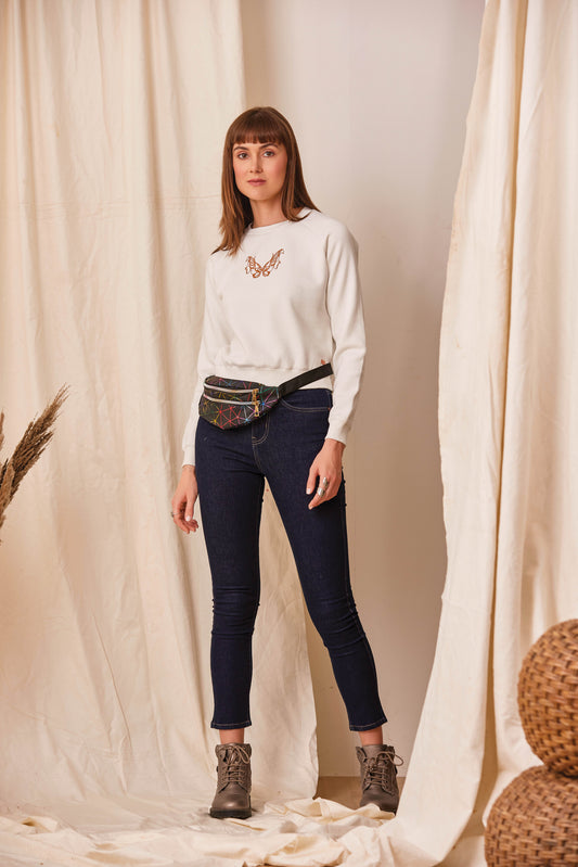 Off White Embossed Print Anti Fit Crop Sweat Shirt