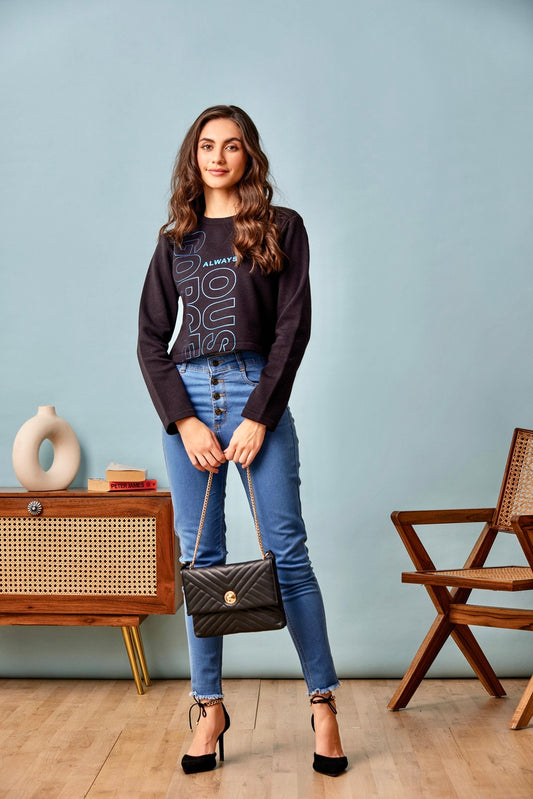 Black Print Crop Sweat Shirt