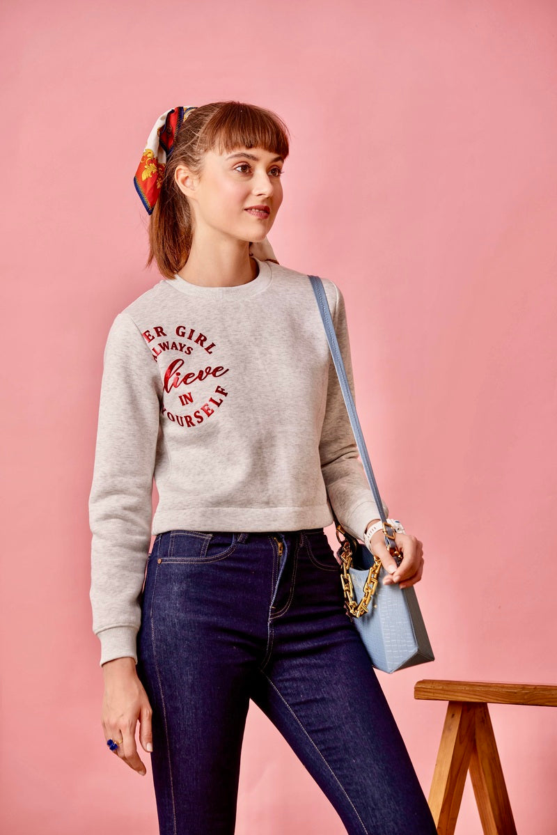 Grey Melange Crop Sweat Shirt