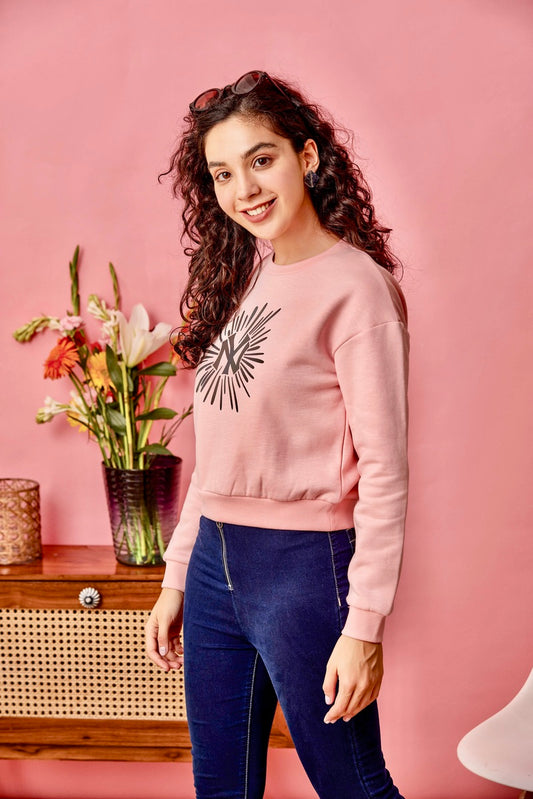 Pink Reflective Print Anti Fit Crop Sweat Shirt
