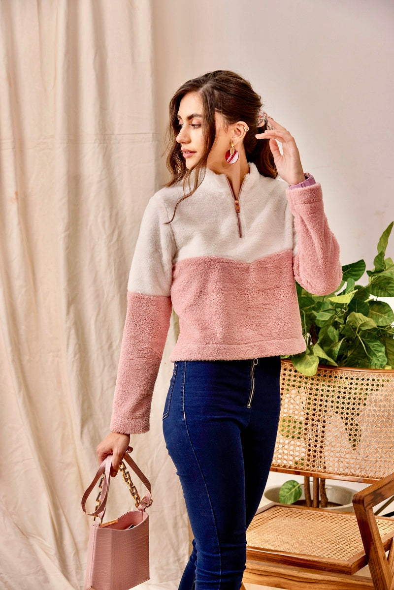 Pink Half Zip Crop Sweat Shirt