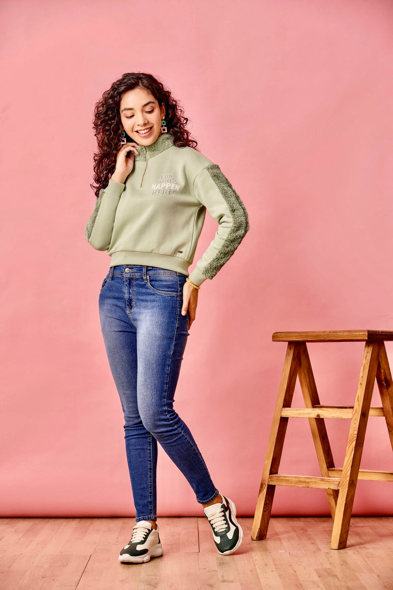 Green Half Zip Anti Fit Crop Sweat Shirt