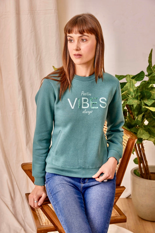 Green Print & Sequin Embroidered Sweat Shirt