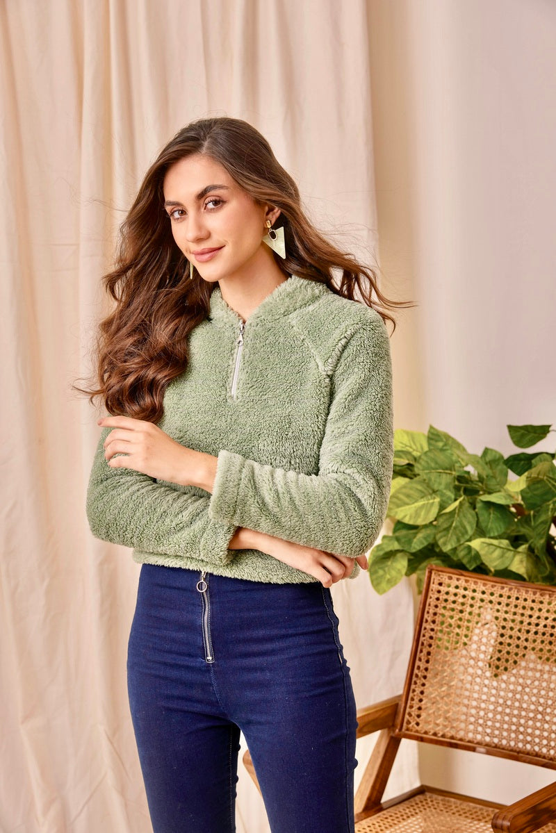 Green Half Zip Fur Sweat Shirt