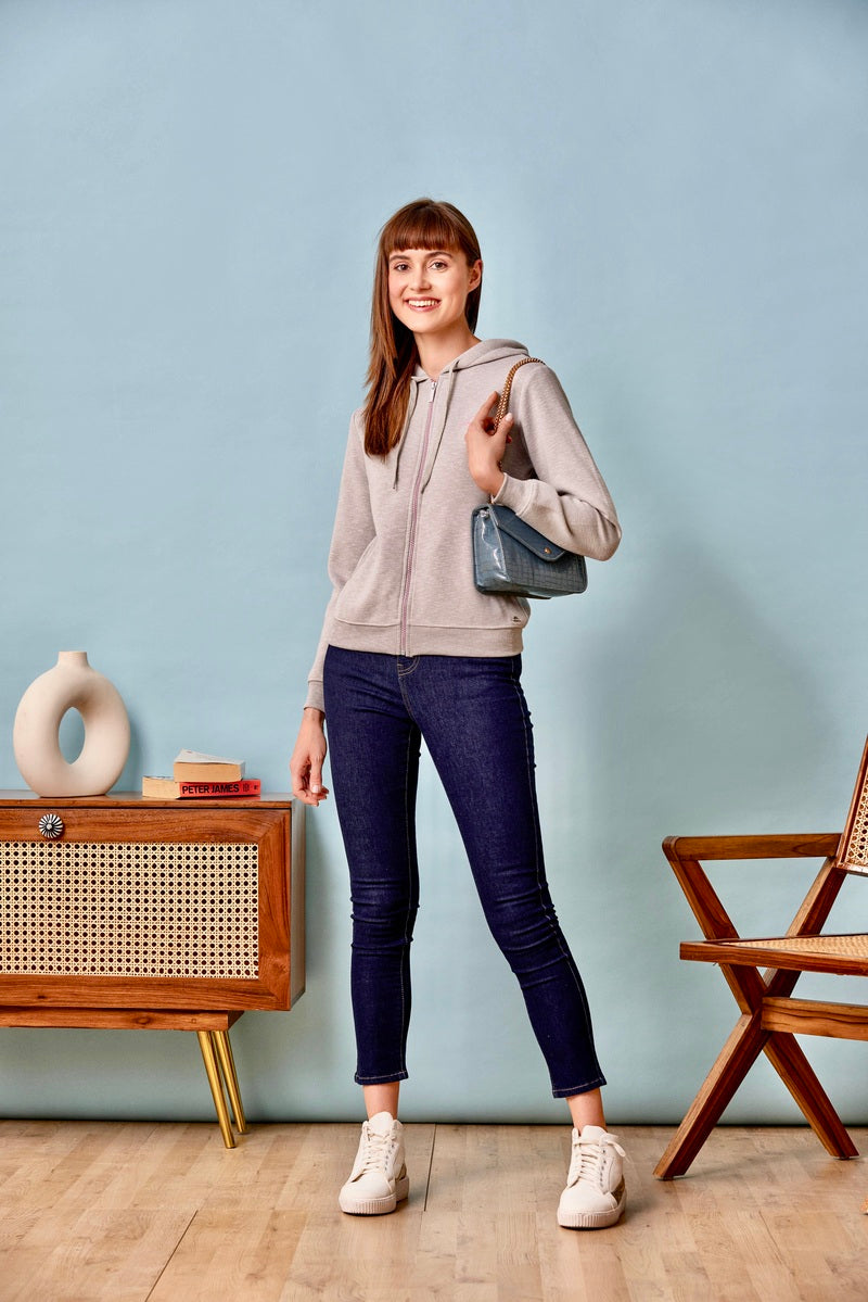 32697 - Grey Melange Zipper Hoodie Sweat Shirt