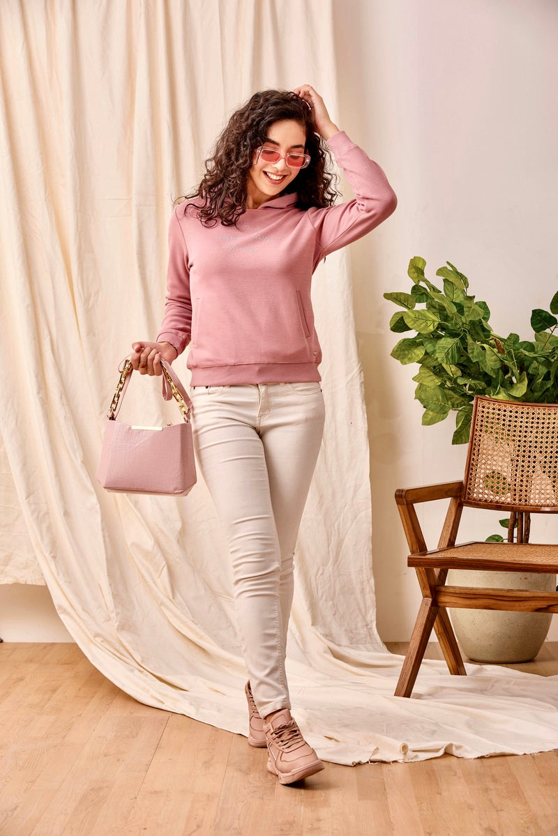 32702 - Pink Stub Embellished Hoodie Sweat Shirt